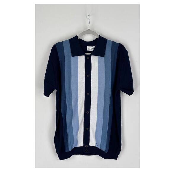 Oxknit Mens 60s Vertical Stripe Short Sleeve Knit Button Polo Mens XL Blue New - Picture 1 of 9